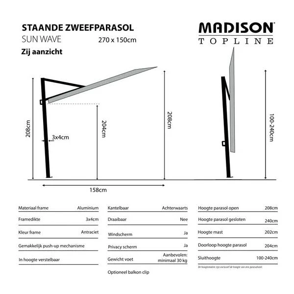 Madison Parasol Sun Wave 270 × 150 Cm - Beige - Afbeelding 2